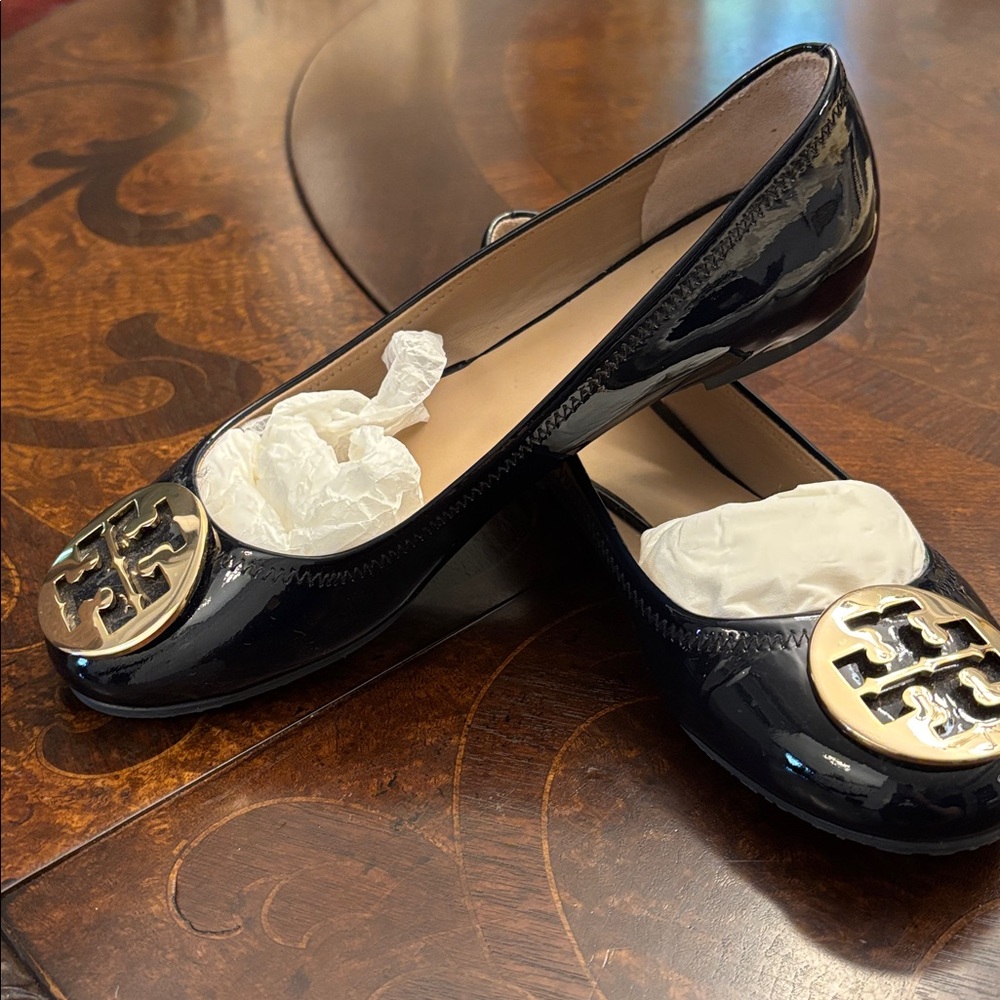 Tory Burch Black Patent Leather Flats with Gold Logo